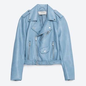 Zara Sky Blue Faux Leather Biker Jacket
